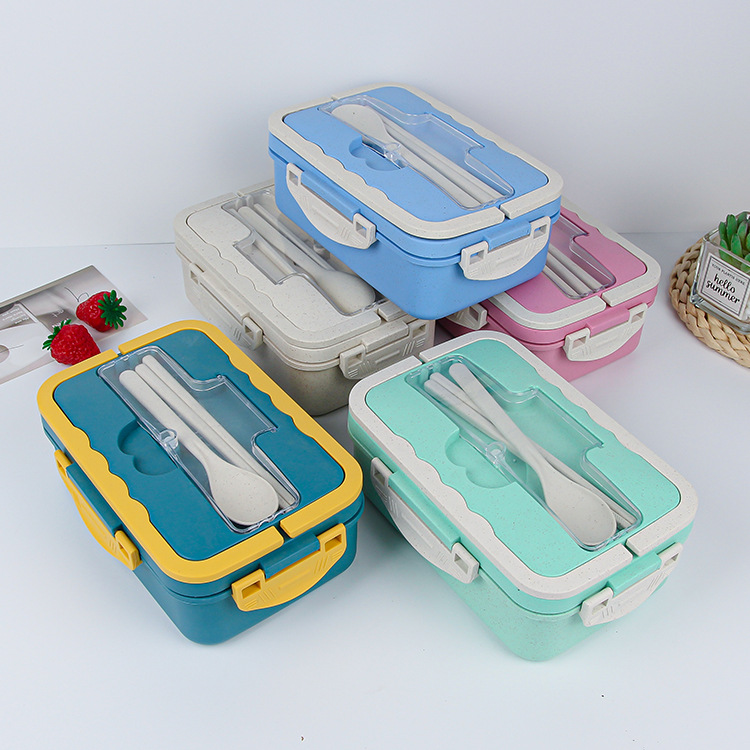 Wheat Straw Lunch Box Japanese Student Portable Lunch Box Compartment with Spoon Chopsticks Insulation Lunch Box
