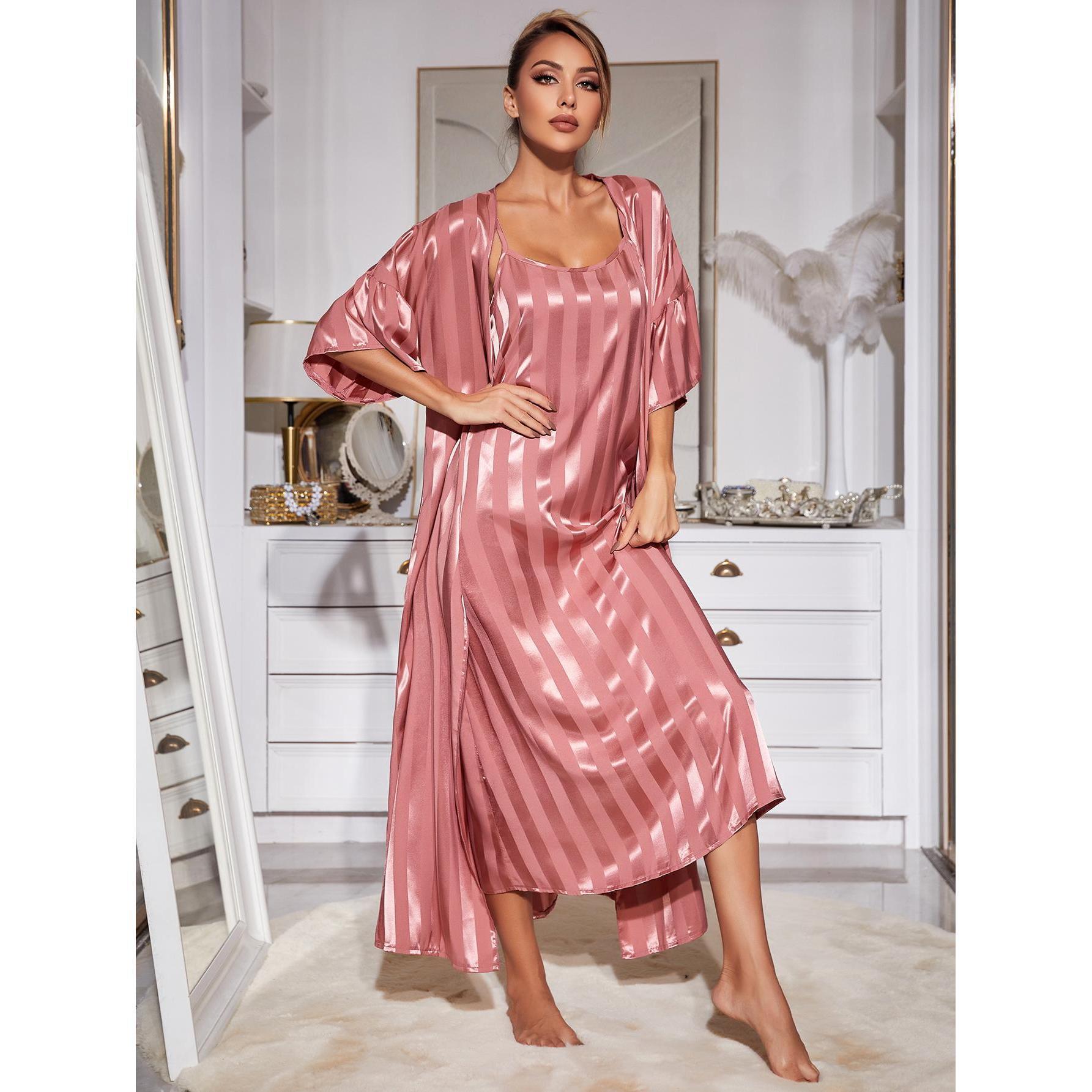 amazon foreign trade sling pajamas women‘s silk-like long-sleeved high-grade ice silk robe homewear suit independent station