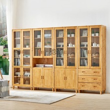 Yu实木书柜储物柜柏木书架带玻璃三门书橱置物架简约现代防尘展示