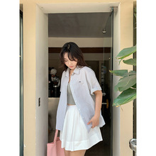 大码女装竖条纹韩版衬衫女设计感小众字母刺绣夏休闲宽松短袖上衣