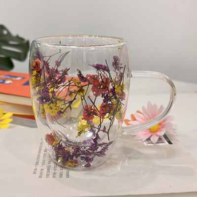 Double-Layer Real Flower Cup with Hand Gift Niche Advanced Glass Good-looking Practical Small Gift Girls Birthday Gifts