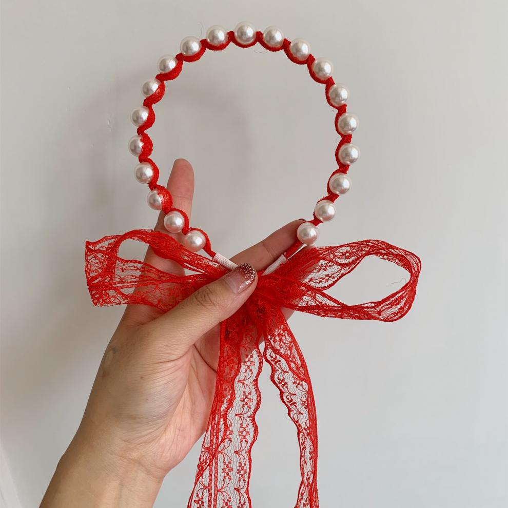 仙气发箍发带一体系带女绑发温柔蕾丝飘带超仙麻花辫珍珠丝带头饰