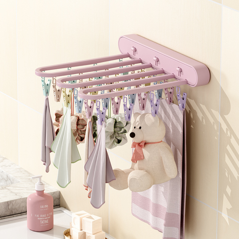 Seamless Punch-Free Viscose Multifunctional Drying Rack Folding Hanger Multi-Clip Drying Socks' Clip Windbreak Hook Hanger