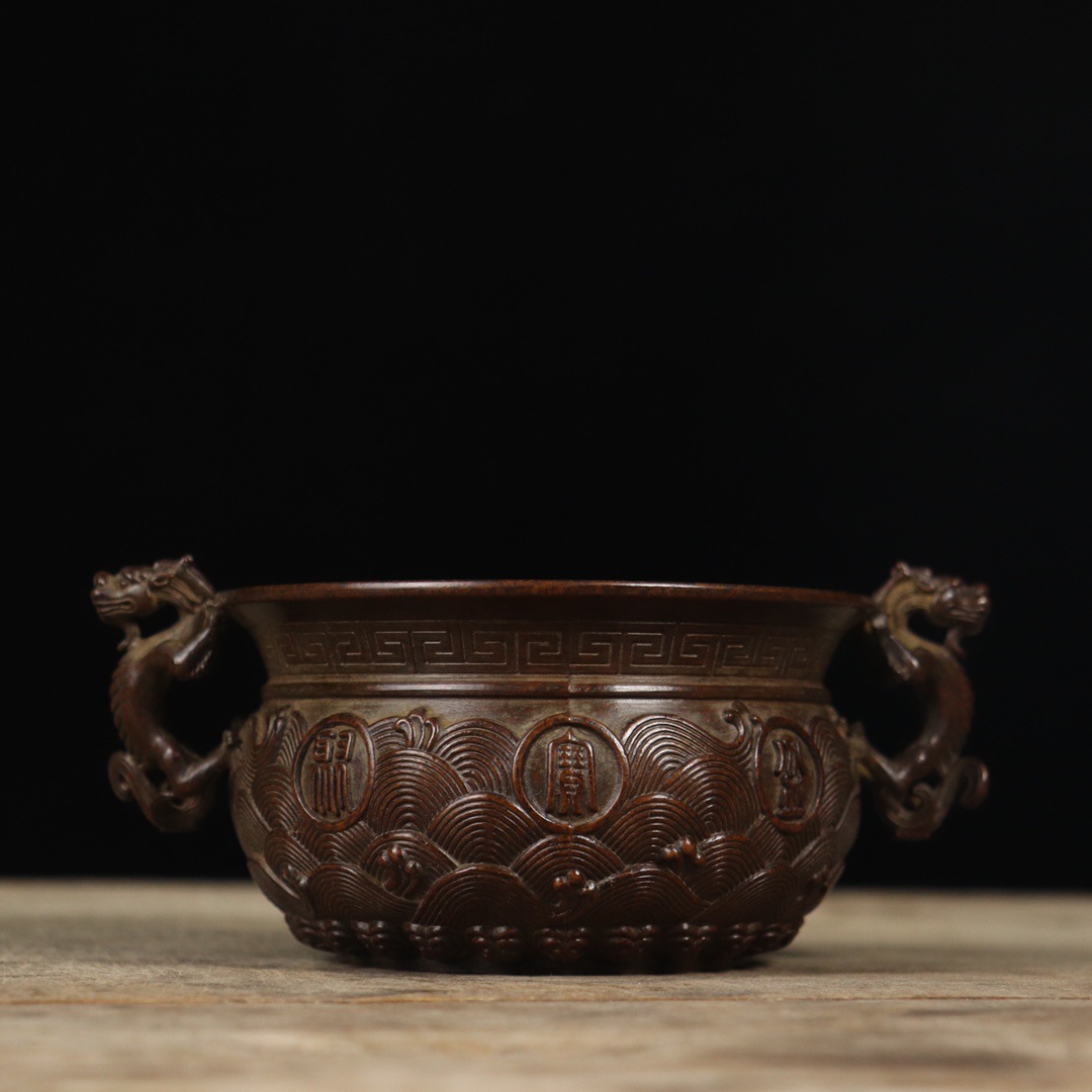 古玩铜器收藏做旧仿古铜螭龙耳聚宝盆复古中式家居客厅摆件新品
