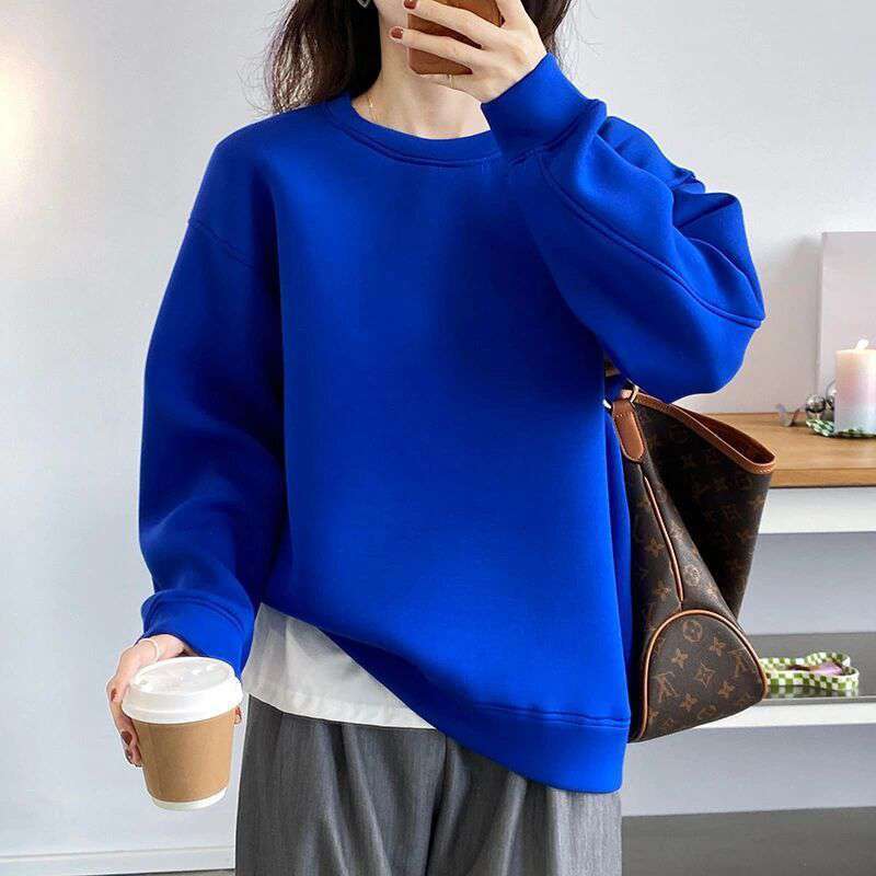 女早秋季宝石蓝色圆领卫衣小众太空棉克莱因蓝长袖