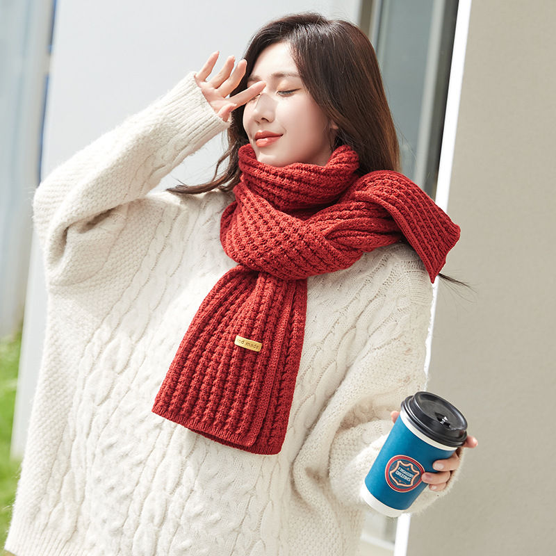 Korean Style Solid Color Knitted Wool Scarf Female Winter Thicken Thermal Student Cute Internet Celebrity Scarf Male Versatile New