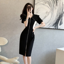 黑色茶歇法式连衣裙女夏季2024新款气质高级感显瘦中长款休闲裙子