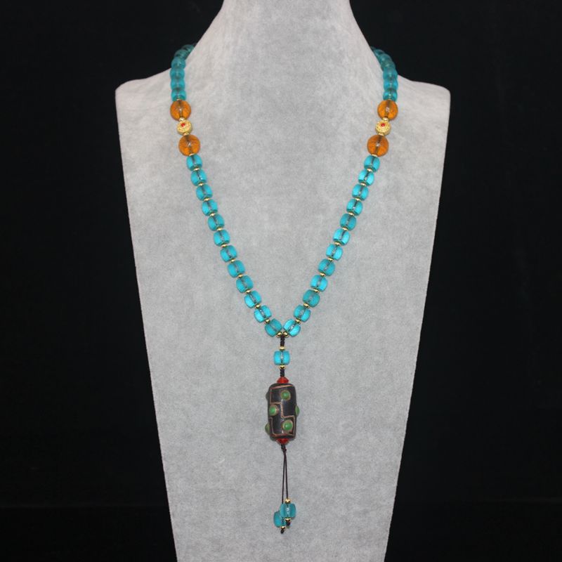 孤品清晚期拒马河老琉璃桶珠项链搭配老琉璃九眼天珠吊坠收藏批发