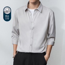 T七分袖衬衫男春夏季韩版潮流新款修身上衣休闲宽松短中袖男士衬