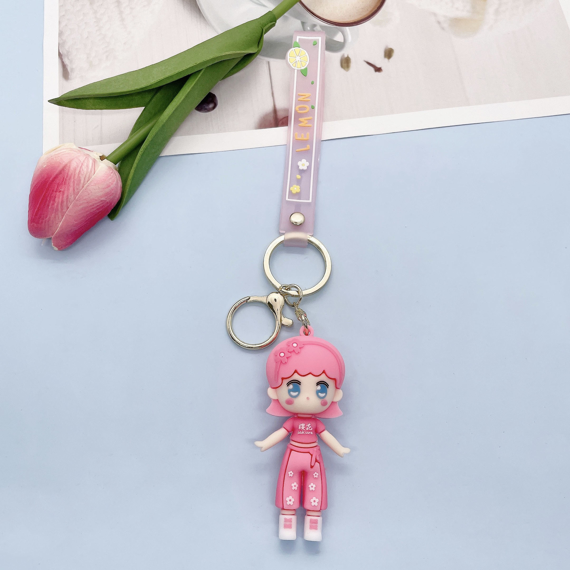 Creative Cute Silicone Cherry Blossom Girl Keychain Pendant Cartoon Girlish Doll Bag Key Ornament Wholesale