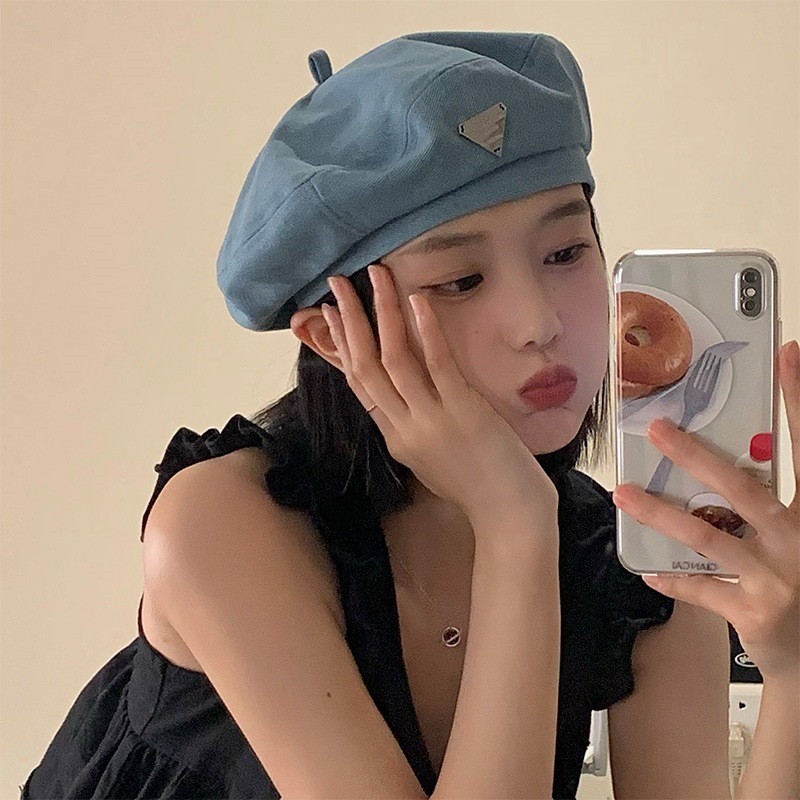 牛仔贝雷帽女夏季日系显脸小百搭蓓蕾帽画家帽网红大头围帽子