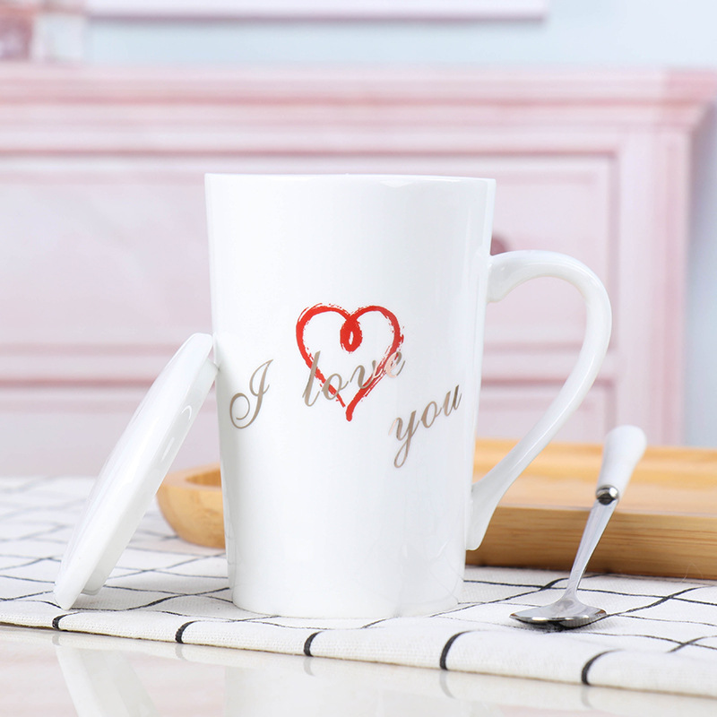 浪漫爱心爱情杯子陶瓷马克杯带盖勺潮流情侣喝水杯咖啡杯男女茶杯