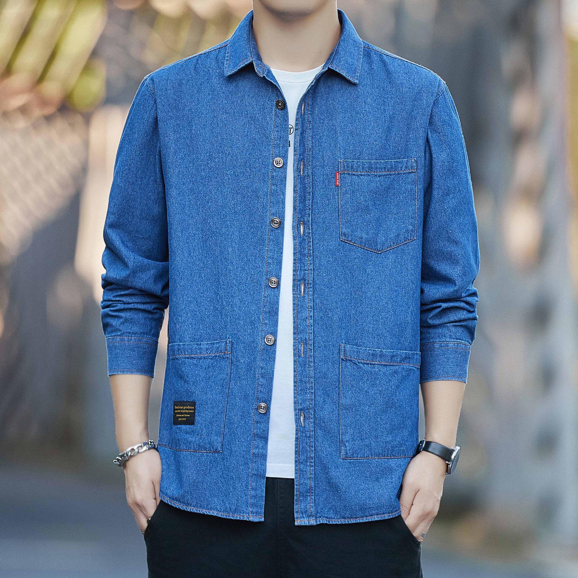 春秋季男士纯棉牛仔长袖衬衫多口袋工装全棉衬衣港风休闲男装批发