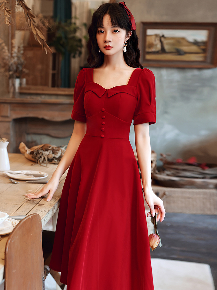 敬酒服新娘春款酒红色结婚回门订婚小礼服女连衣裙平时可穿晚礼服