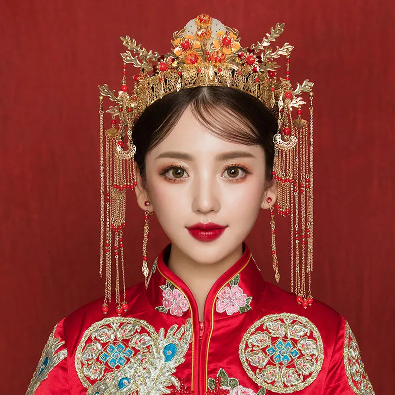 秀禾服头饰新娘结婚大气奢华流苏步摇发梳套装中式凤冠古装红色女