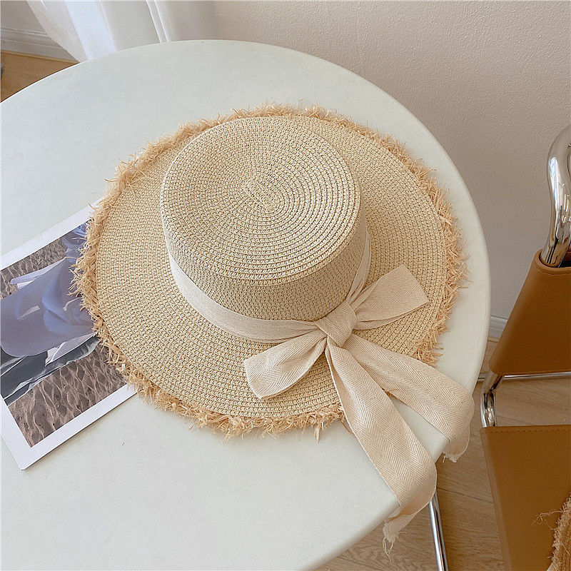 Raffia Hat Women's Summer Seaside Flat Top Sun Protection Sun Hat Beach Fisherman Hat Seaside Photograph Straw Woven Braided Hat