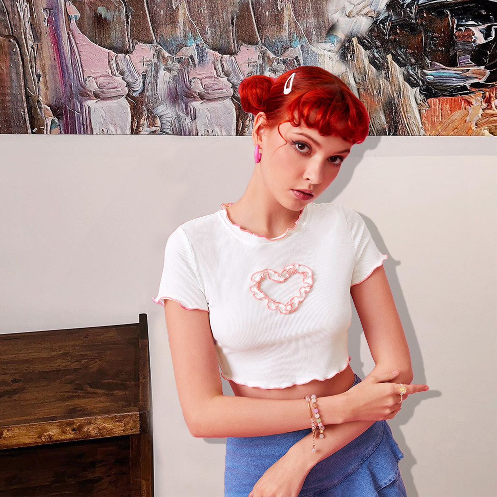31732娜扎达欧美春夏季速卖通新品爱心波浪边短袖个性时尚t恤上衣