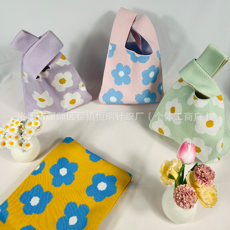 小清新花朵针织包包编织包春季新款女士手提包手拎包托特包水桶包