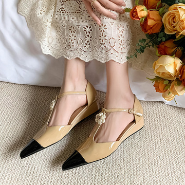 t字带坡跟单鞋女山茶花小香风鞋子法式优雅尖头拼色中空玛丽珍鞋