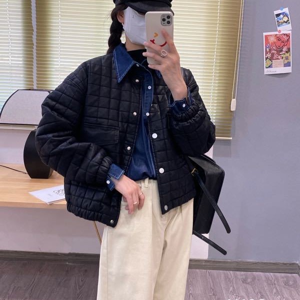 复古格纹圆领pu皮棉衣外套女秋冬2023新款韩版宽松短款棉服潮my64