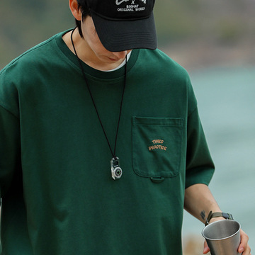 韩路男装 贴袋设计纯棉短袖t恤男2024夏季新款圆领宽松刺绣体恤q