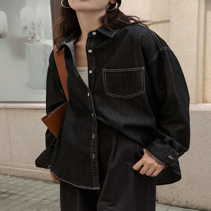 牛仔衬衫女秋季外套新款复古港味黑色设计感小众气质别致上衣早秋
