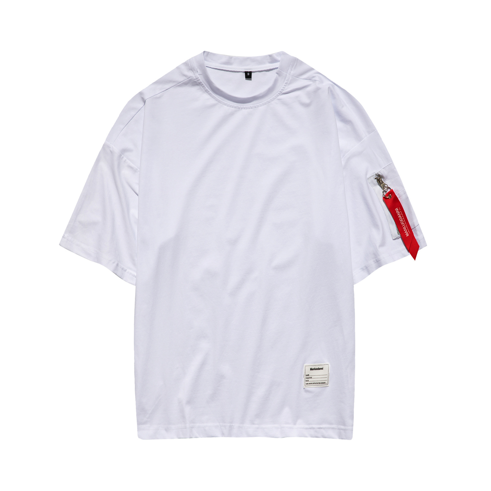 潮流春夏短袖圆领套头精致袖标印花袖部拉链织带时尚休闲运动