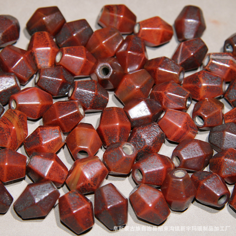 缠丝玛瑙红色做旧风化纹有棱橄榄珠小配饰diy饰品配珠主珠对珠