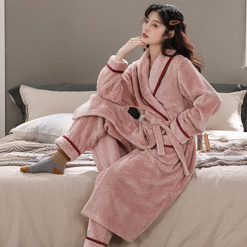 Factory Coral Fleece Couple Nightgown Flannel Bathrobe Pajamas Extended Thickened Women's Winter Fleece-lined