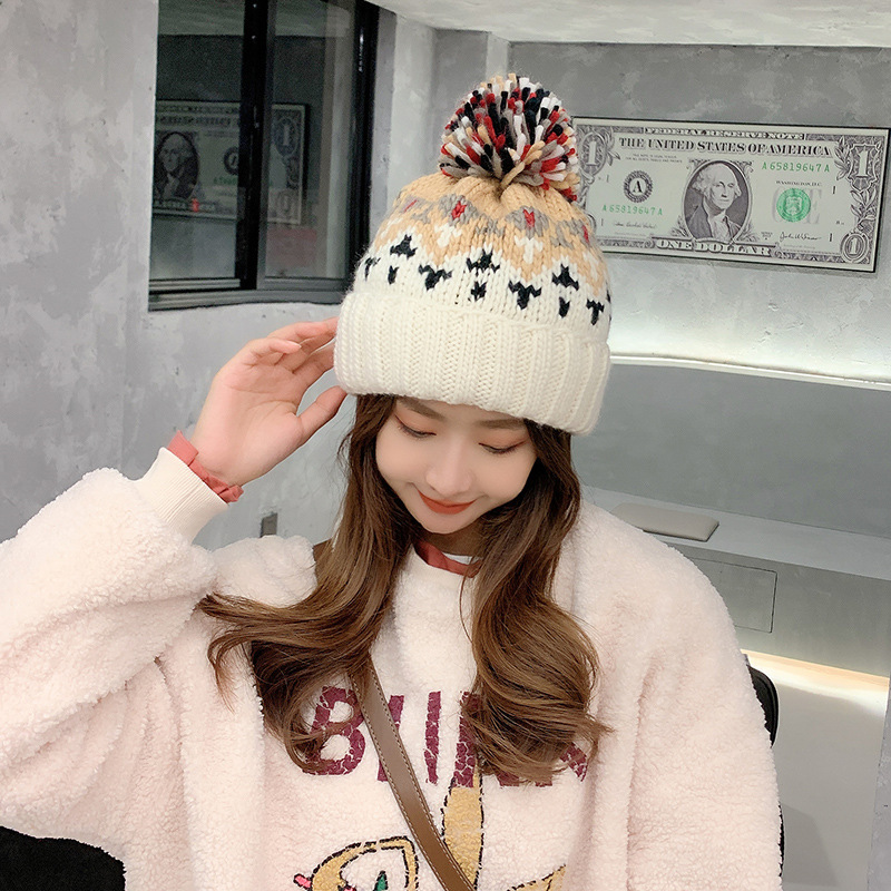 Hat Women's Autumn and Winter Warm Ear Protection Woolen Cap Korean Style All-Match Fashion Beanie Hat Younger Cute Fur Ball Knitted Hat Fashion