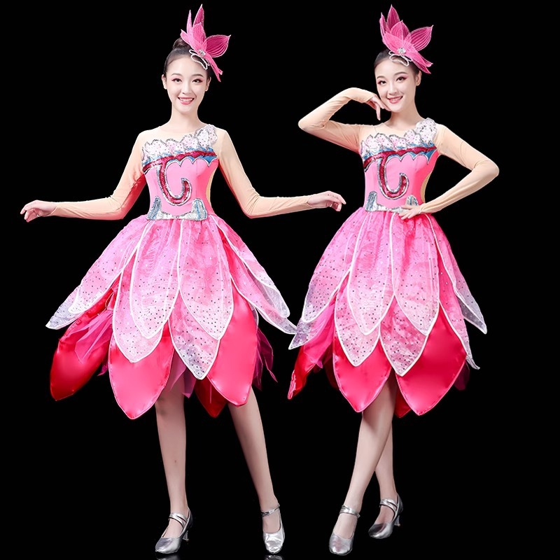现代舞演出服蓬蓬裙女新款粉色荷花舞蹈服装歌伴舞连衣裙表演套装