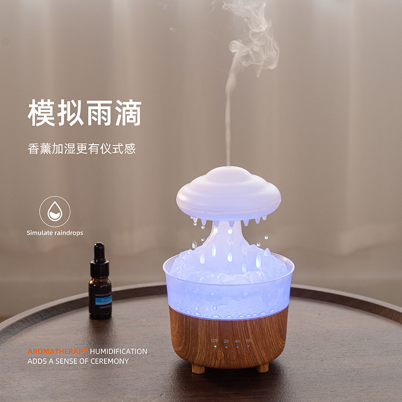 New Water Drop Aroma Diffuser Wood Grain Colorful Raindrop Humidifier Household Desk Mute Night Light Air Atomizer