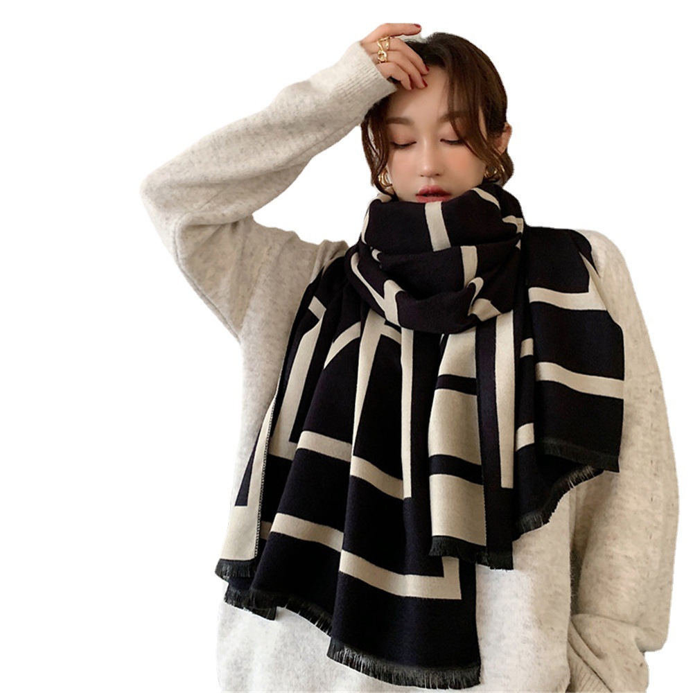 Autumn and Winter New Korean Style Artificial Cashmere Scarf Custom Geometric Plaid Air Conditioning Shawl Women's European and American Retro Scarf