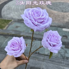 外贸新款紫色玫瑰花厂家无叶 3头阳光玫瑰 婚礼路引打底假花批发