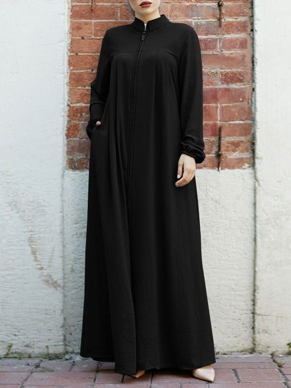 H502 New Muslim Women's Clothing Style Arabic Style Stand Collar Zipper Pocket Elegant Loose Casual Dress