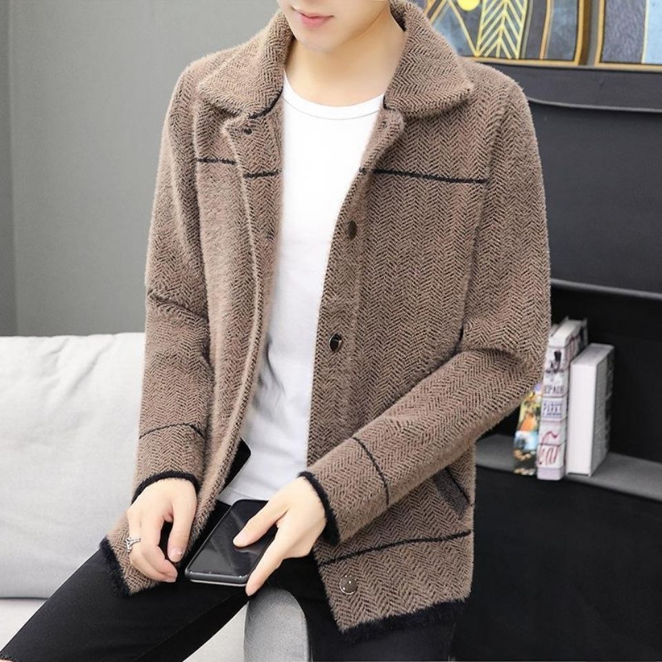 秋冬季新款毛衣男开衫仿水貂绒外套男士加厚纽扣针织开衫外套潮