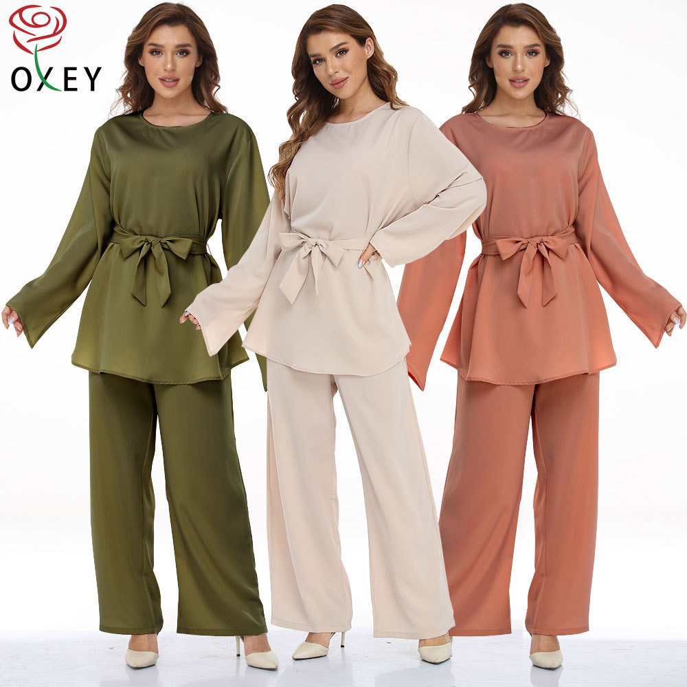 Cross-Border European and American plus Size Women's Clothes Muslim Robe Lace-up Dress Two-Piece Set Amazon Hot Sale