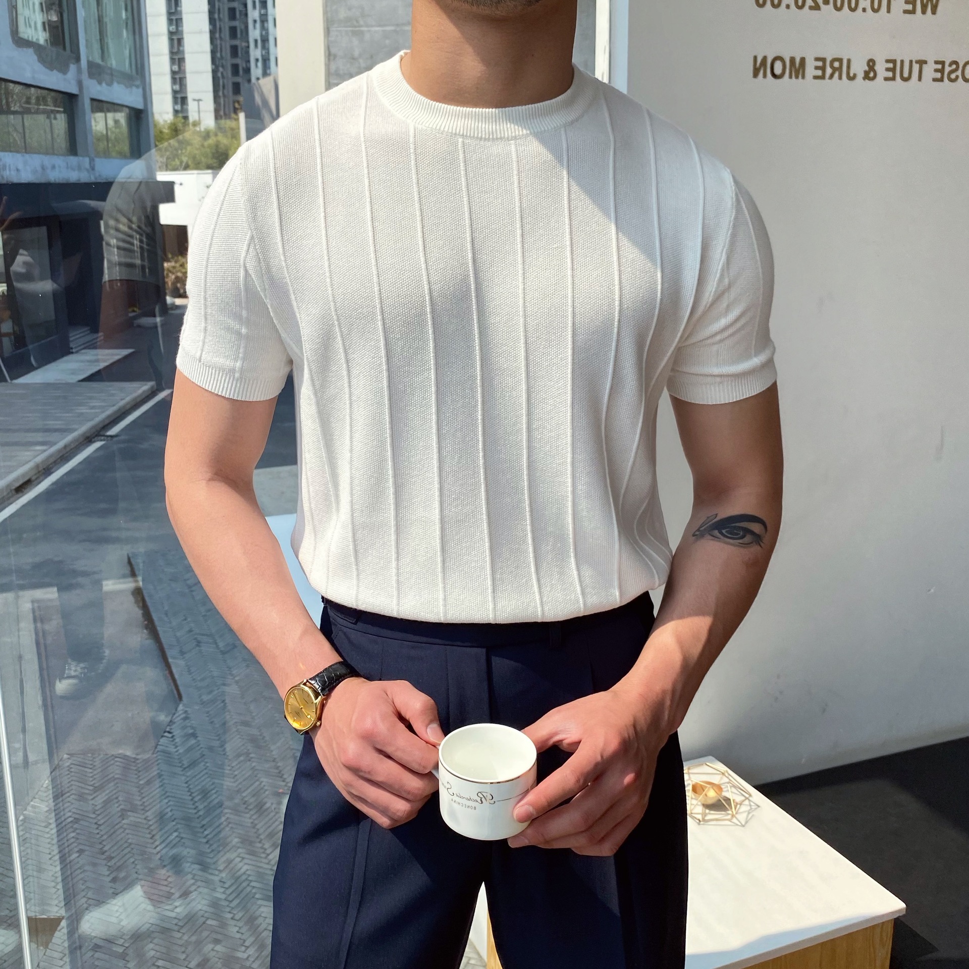 light luxury knitted t-shirt men‘s summer new round neck t-shirt half sleeve men‘s short sleeve thin korean style undershirt t-shirt wool