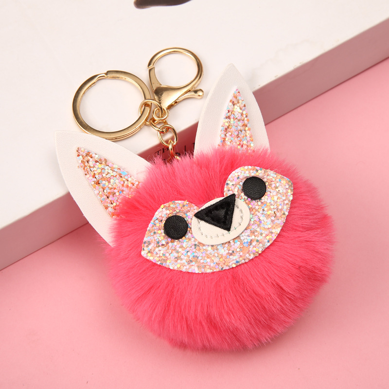 New Sequined Cute Fox Shape Fur Ball Keychain Little Creative Gifts Christmas Car Pendant Handbag Pendant