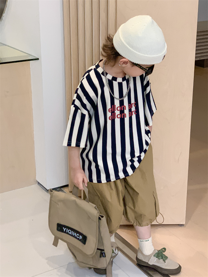 Boys' Summer New Children Toddler Baby Vertical Stripe T-shirt Children's Short-Sleeved Loose Top Korean-Style Half-Sleeved T-shirt Fashion