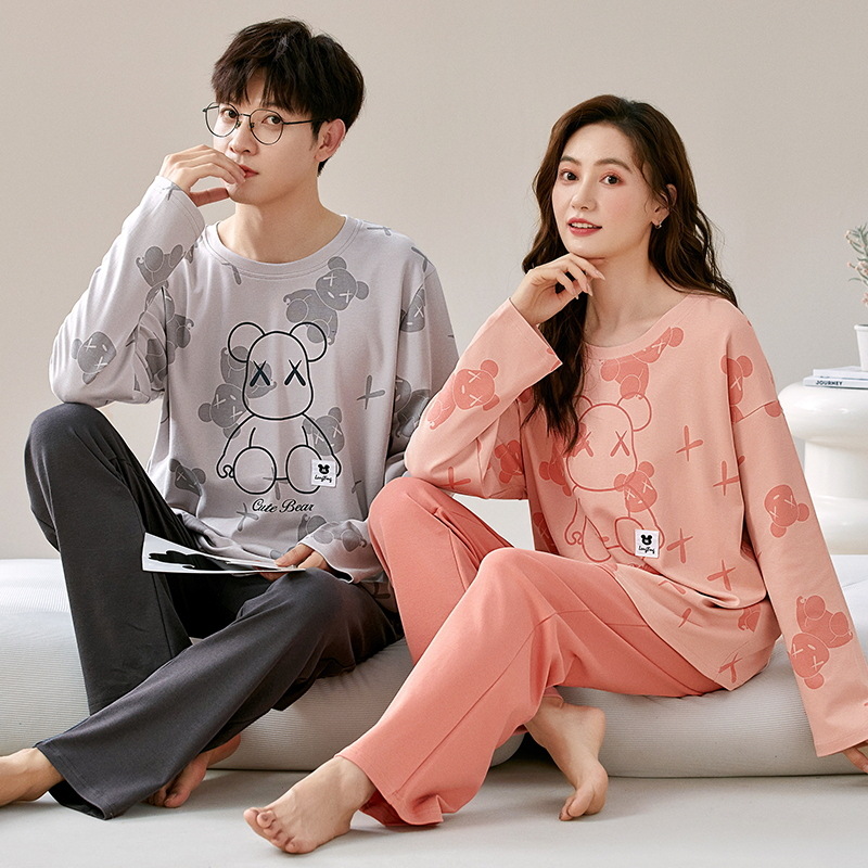 New Couple's Cotton Pajamas Men's and Women's Fall/Winter Long Sleeve Pants Homewear Suit Simple Casual Home Comfortable