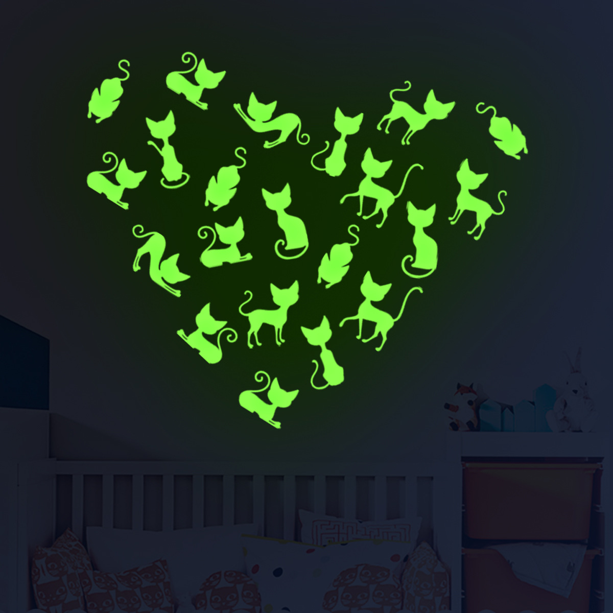 ls012夜光墙贴外贸创意发光猫咪蓝色绿色夜光贴墙贴儿童卧室
