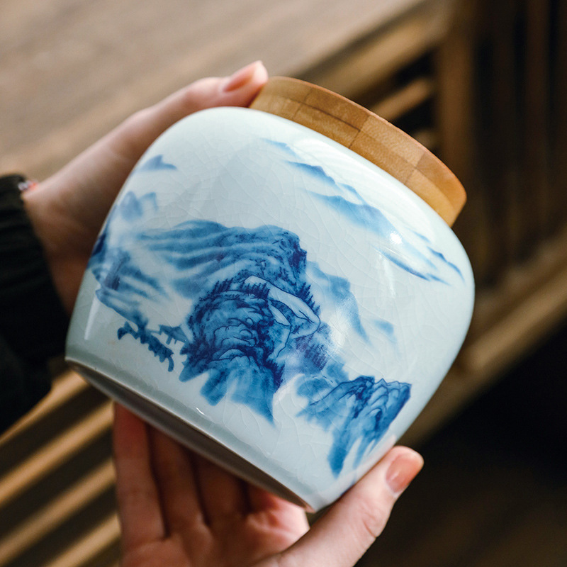 江山如画竹盖陶瓷茶叶罐密封储物罐普洱茶红茶茶叶礼盒包装礼品