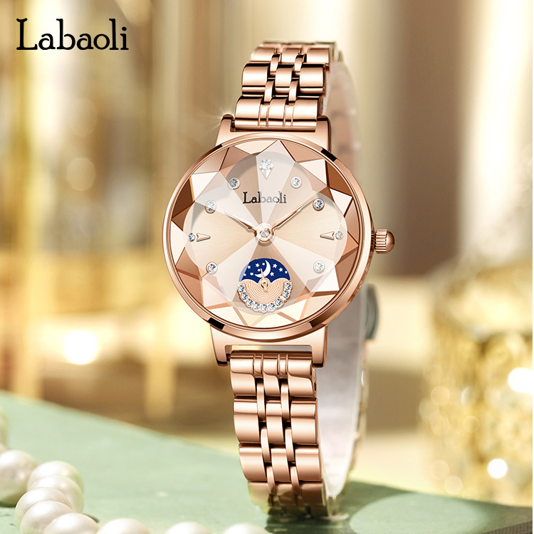 labaoli跨境新款手表钢带星月女表花朵盘直播批发时尚镶钻石英表