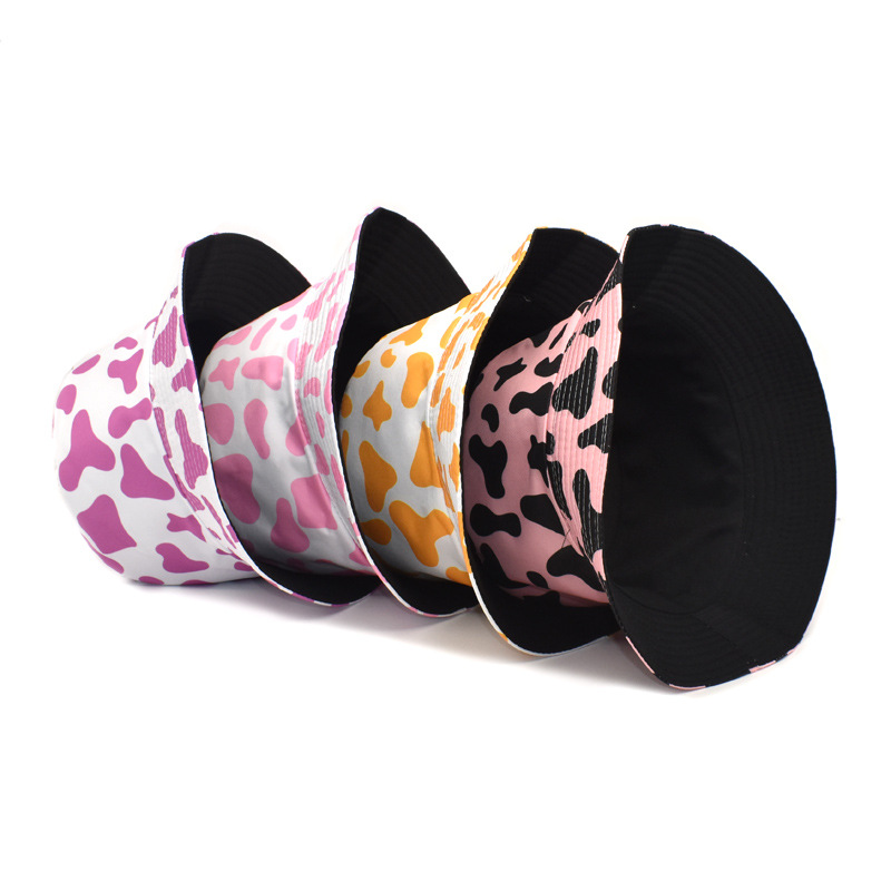 Cross-Border New Arrival Cow Print Bucket Hat Female Korean Style Reversible Wear Bucket Hat Male Summer Outdoor Sun Hat Tide