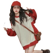 韩系上衣秋冬美式复古红色加绒中长款卫衣女新款2023爆款时尚洋气