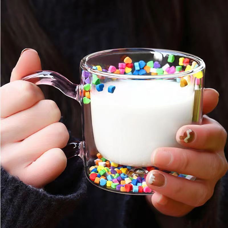 INS Cute Girl Glass Mobile Love Cup Quicksand Cup Double-Layer Cup Water Cup Creative Gift Cup