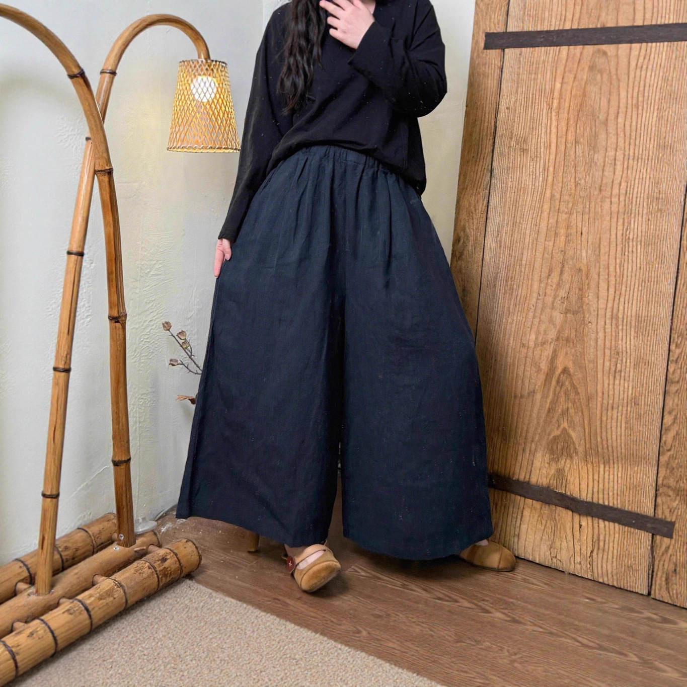 肥婆特大版秋季新款文艺复古休闲百搭净版褶皱松紧腰九分阔腿裤