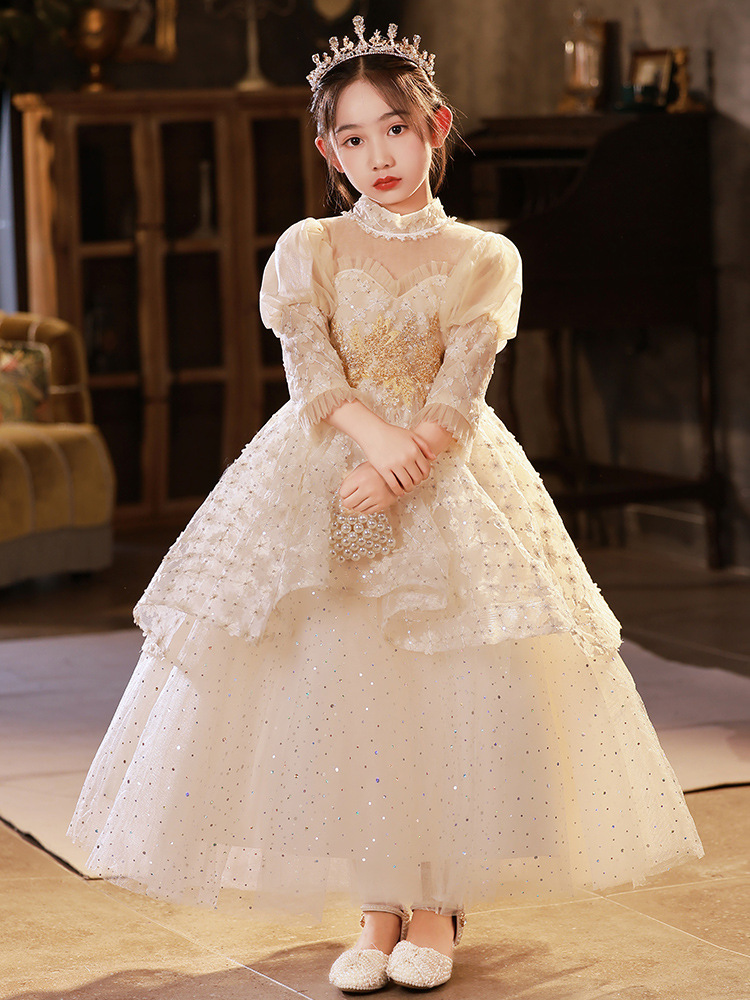 儿童礼服裙公主裙高端冬季花童婚礼婚纱女童主持人钢琴演出服长裙