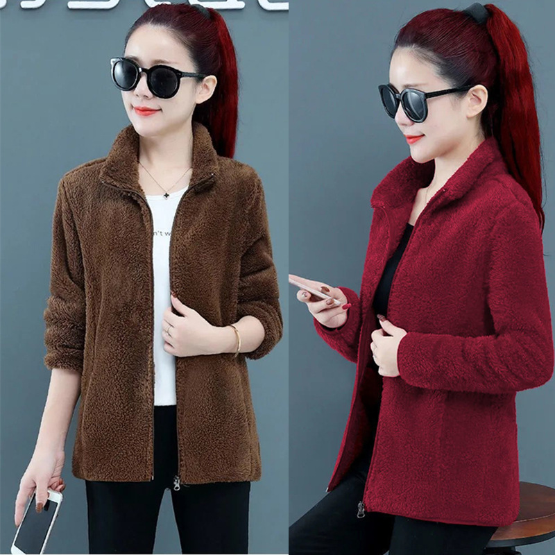 双面摇粒绒外套女短款大码珊瑚绒冬季加厚保暖上衣女卫衣拉链开衫